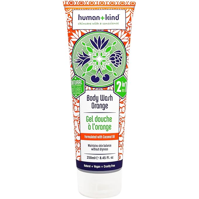 Human+Kind Body Wash - Nourishes Dry Skin with Coconut Oil - SLS-Free, Gentle Enough for Hair and Scalp - Natural, Vegan Skin Care - Orange Scent - 8.45 fl oz